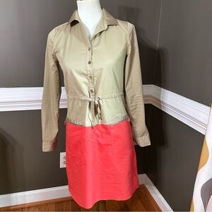 Elie Tahari cotton blend Tan and coral button-up dress with tie waist. Size 0.